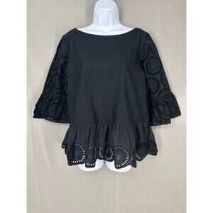 Loft Top Womens Small Black Eyelet Ruffle Boho Cottage Witchy Cotton Bohemian